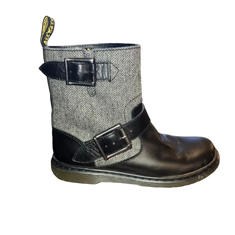Dr. Martens Gayle Biker Boots with Houndstooth Black and White Tweed- EU 36 US 5